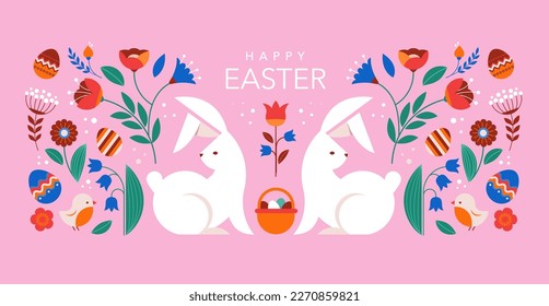 Feliz Pascua, estilo geométrico decorado con la tarjeta de Pascua, cartel. Bunnies, huevos de Pascua, flores y cesta. Diseño minimalista moderno