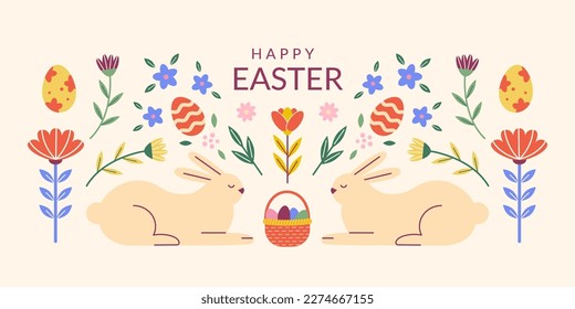 Happy Easter, decorated geometric style banner. Bunnies, dyed eggs, colorful flowers and basket. Modern minimalist folk spring vector design.