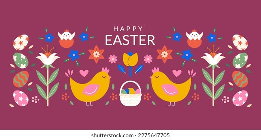 Happy Easter, decorated geometric style banner. Chickens,colorful flowers, dyed egg and basket on claret background. Modern minimalist folk spring vector design.