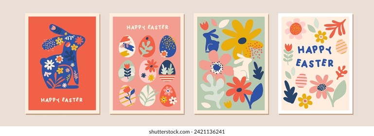 Happy Easter, decorated geometric style Easter card set. Bunnies, Easter eggs, flowers and basket in modern bold minimalist style. Abstract flowers, bunnies and eggs.