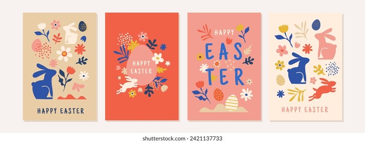 Happy Easter, decorated geometric style Easter card set. Bunnies, Easter eggs, flowers and basket in modern bold minimalist style. Abstract flowers, bunnies and eggs.