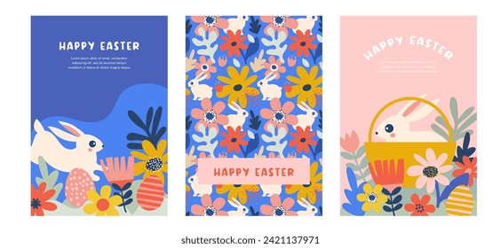 Happy Easter, decorated geometric style Easter cards, banners. Bunnies, Easter eggs, flowers and basket. Modern minimalist design