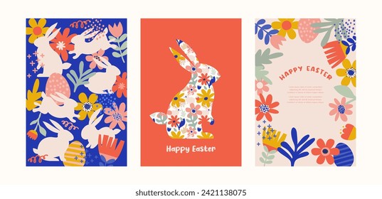 Happy Easter, decorated geometric style Easter cards, banners. Bunnies, Easter eggs, flowers and basket. Modern minimalist design