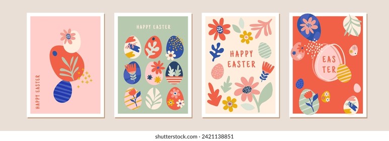 Happy Easter, decorated geometric style Easter card set. Bunnies, Easter eggs, flowers and basket in modern bold minimalist style. Abstract flowers, bunnies and eggs.