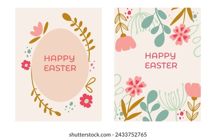 Feliz Pascua, decorado estilo geométrico juego de tarjetas de Pascua. Huevo de Pascua, flores y texto en estilo moderno y minimalista. Flores abstractas, y huevo.