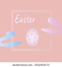 Happy Easter, decorated geometric style Easter card, banner. Bunnies, Easter eggs, flowers and basket. Modern minimalist design