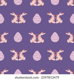 Happy Easter, decorated geometric style Easter card, banner. Bunnies, Easter eggs, flowers and basket. Modern minimalist design