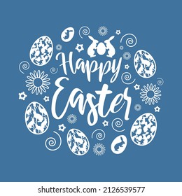 Happy Easter, decorated Easter greeting card, banner. Bunnies, Easter eggs, flowers and swirls. Isolated vector illustration.