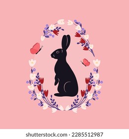 Happy Easter decorated modern style card. Banner with cute bunny and butterfly. Patterned egg with rabbit and flowers. Colorful minimalist design