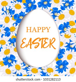 Happy Easter. Decorated paper cut white flat egg on Daisy and blue flowers, forget-me-not, flax, chamomile wildflower