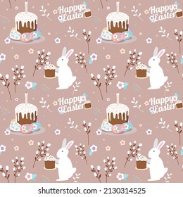 Happy Easter, decorated Easter seamless pattern. Eggs around the easter cake, flowers and willow branch. Rabbit. Bunny. Folk style design.