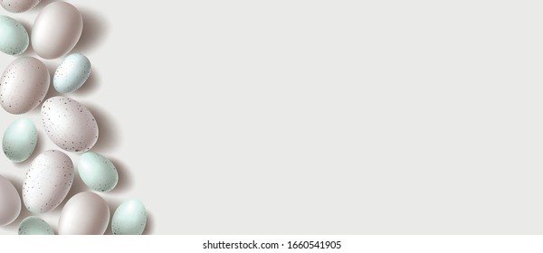 Happy Easter Decoration Background, Natural rustic quail eggshell color flat lay 3d eggs vector banner with top view