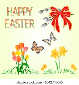 Happy Easter decoration  daffodil and tulips  on green grass and butterfly, pussy willov and bow. Seasonal Holidays in April. Spring  flowers set four vector illustration editable hand draw