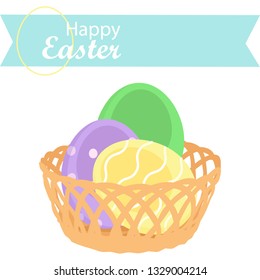 Happy Easter decoration. Decorated Easter eggs in wicker backet. Spring Holidays