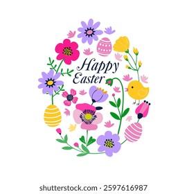 Happy Easter decoration. Easter egg made of  flowers, eggs, chick. Etc. Vector illustration