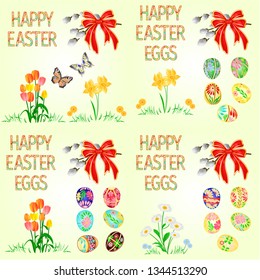 Happy Easter decoration Easter eggs and daffodils tulips daisy on green grass, pussy willov and bow. Seasonal Holidays in April. Colorful eggs tulips vector illustration editable hand draw