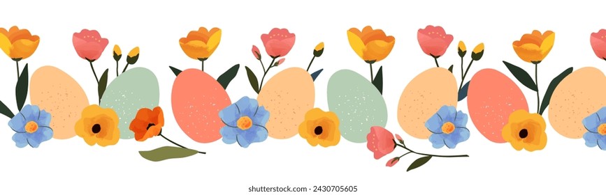 Feliz Pascua. Elementos de decoración de Pascua con marco de borde hecho de hermosos y lindos huevos de Pascua y flores de primavera aislados sobre fondo blanco para decoración y saludos de temporada o diseño de empaque