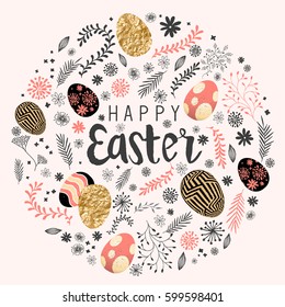 Happy easter decoration with floral elements and eggs. Vector illustration