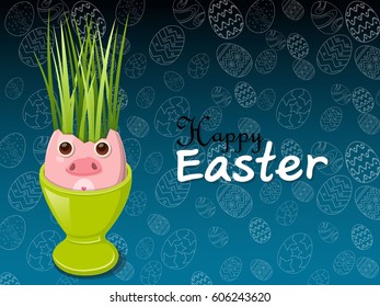 Happy easter decoration styling grass on pig eggs a blue background