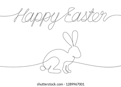 Happy Easter decorations with one line inscription and rabbit. Continuous line drawing lettering and bunny for Easter holyday. Vector illustration.