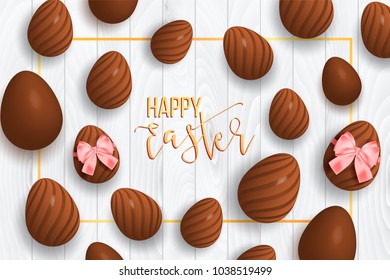 Happy easter decorative background with chocolate eggs, bow, gold, stripes. Easter egg hunt poster, card, banner, menu, invitation, flyer for promo, offer and sale.