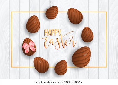 Happy easter decorative background with chocolate eggs, bow, gold, stripes. Easter egg hunt poster, card, banner, menu, invitation, flyer for promo, offer and sale.