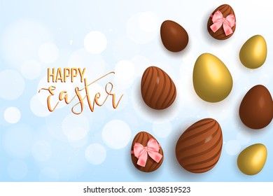 Happy easter decorative background with chocolate eggs, bow, gold, stripes. Easter egg hunt poster, card, banner, menu, invitation, flyer for promo, offer and sale.