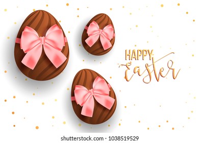 Happy easter decorative background with chocolate eggs, bow, gold, stripes. Easter egg hunt poster, card, banner, menu, invitation, flyer for promo, offer and sale.