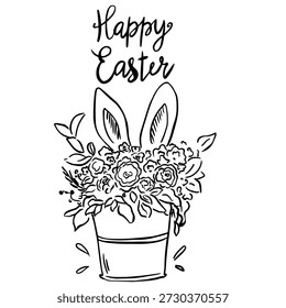 Cubo decorativo de Pascua feliz con flores de primavera y orejas de conejo