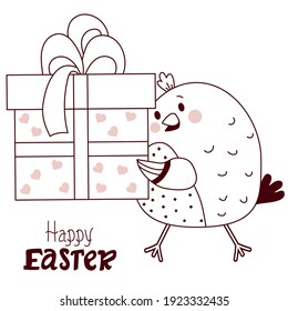 Happy Easter decorative card. Easter cute chicken with big gift box with ribbon. Vector drawing, line. For design, decor, print, holiday cards and banners