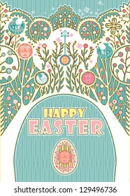 Happy Easter. Decorative card with Easter eggs and beautiful trees.