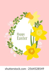 Happy Easter. Decorative card, poster, invitation with spring flowers daffodils. Modern design style.