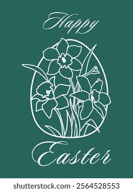 Happy Easter. Decorative card, poster, invitation with linear spring flowers daffodils. Modern design style.