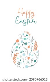 Happy Easter. Decorative Easter egg with floral elements, flowers and leaves. Greeting card, poster, banner, postcard. Vector illustration