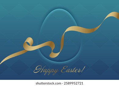 Happy Easter. Decorative egg, gold ribbon, festive greeting card, elegant blue background, celebration design, Christian holiday, resurrection, faith, festive season