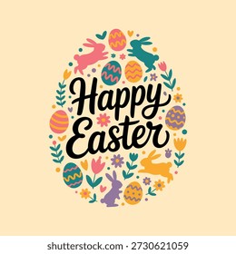 Happy Easter Decorative Egg Illustration with Colorful Flowers and Bunnies. Happy Easter Greeting Card Design with Floral Egg and Cute Rabbits. Easter Holiday Illustration with Happy Easter Text, Eggs, Flowers and Bunnies. 