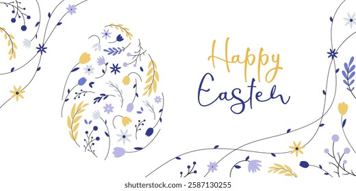 Happy Easter. Decorative egg with intricate flowers and leaves. Celebration poster, banner, greeting card. Vector illustration