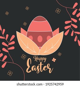happy easter decorative egg leaves foliage dark background vector illustration