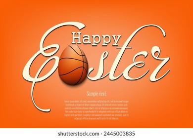 Happy Easter. Decorative egg in the shape of a basketball ball on the background of a vintage inscription. Pattern for greeting card, banner,, invitation. Vector illustration on isolated background