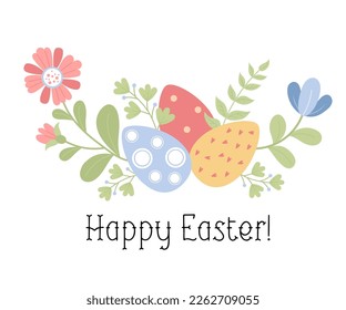 Happy Easter. Decorative eggs with flowers, branches and leaves. Vector illustration. Festive greeting card in flat style