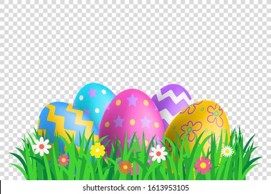 happy easter decorative eggs in green grass on transparent background