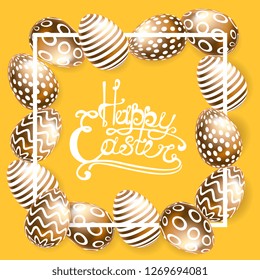 happy Easter, decorative Golden eggs ,on yellow background, frame, vector
