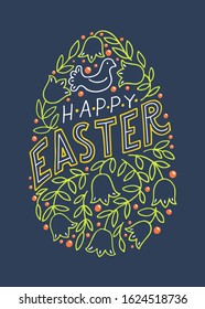 Happy Easter. Decorative hand drawn Easter egg from spring flowers and lettering. Line art vector illustration.