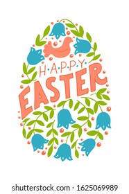 Happy Easter. Decorative hand drawn Easter egg from spring flowers and lettering. Line art vector illustration.