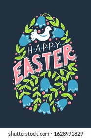 Happy Easter. Decorative hand drawn Easter egg from spring flowers and lettering on dark blue background