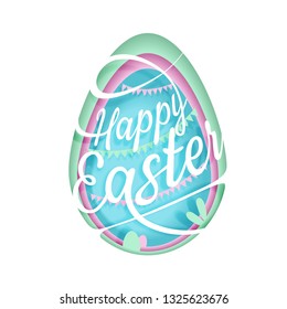 Happy Easter decorative letters in a paper layered egg shape, green pink and blue colored