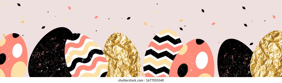 Happy Easter! Decorative long horizontal border with colorful Easter eggs. Cute vector flat illustration. Trendy design for social media, sale, advertisement, web