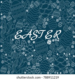 Happy easter decorative ornate drawing eggs on blue background. Creative spring celebration symbols