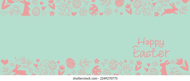 Happy easter decorative pattern. Happy easter graphic pattern decoration with bunnies, flowers, leaves, heart and eggs. Easter graphic for banner, background and promotion design. Vector illustration.