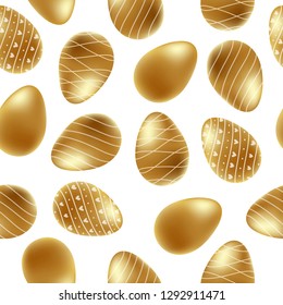 Happy Easter. Decorative seamless pattern with realistic golden shine decorated eggs. Invitation template. Beautiful festive background. Vector illustration greeting card, promotion, poster, flyer.